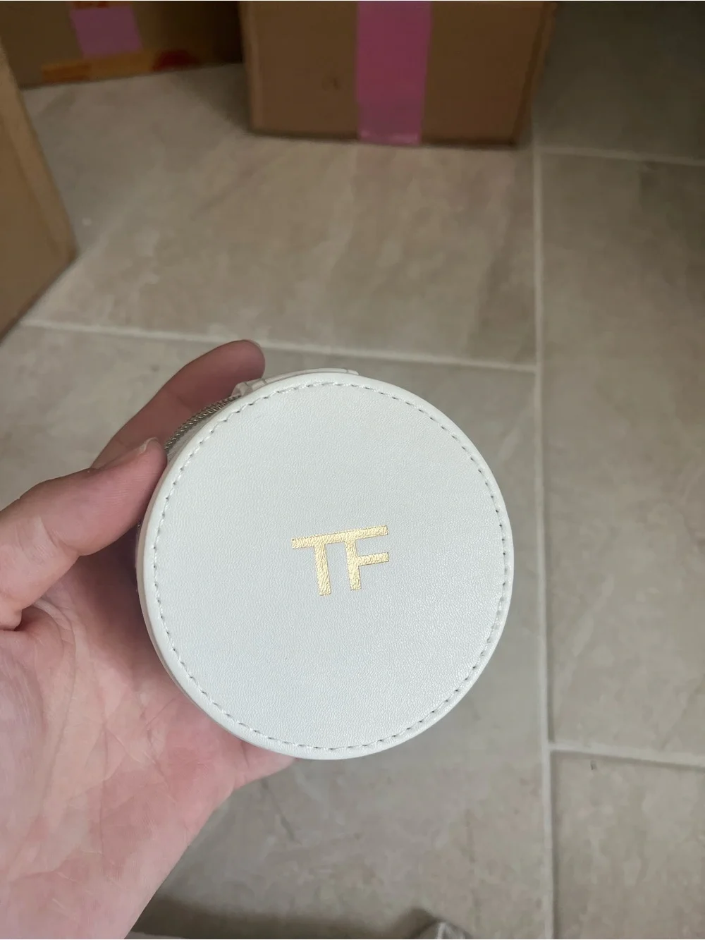 Tom Ford White Round Leather Jewelry Case with Gold TF Logo